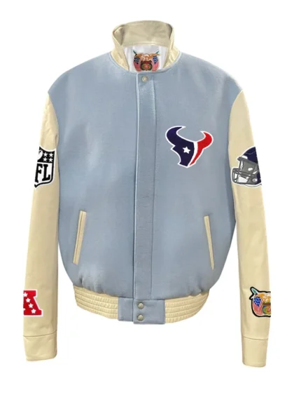 Men's Houston Texans Jeff Hamilton Light Blue Varsity Jacket front