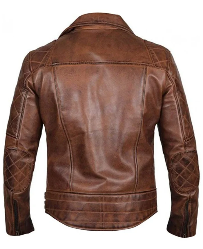 Men’s Vintage Quilted Brown Biker Jacket back