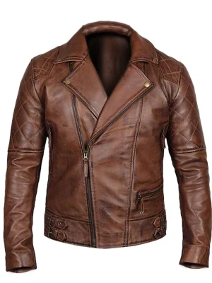 Men’s Vintage Quilted Brown Biker Jacket front