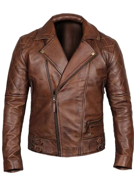 Men’s Vintage Quilted Brown Biker Jacket front