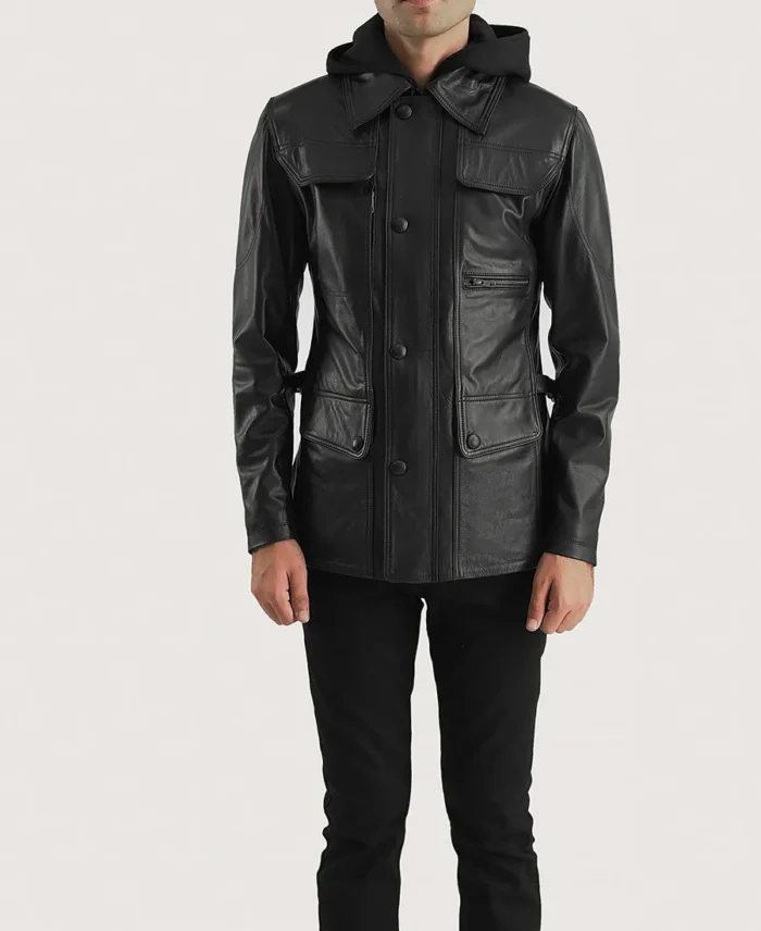 Moulder Hooded Black Leather Jacket front