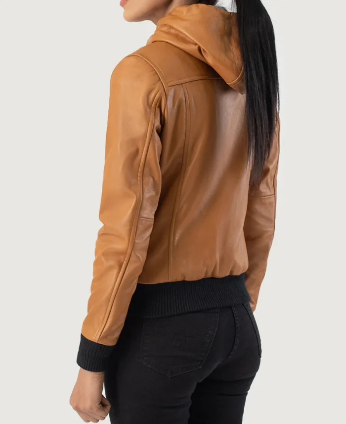 Rebella Brown Hooded Leather Bomber Jacket back