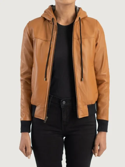 Rebella Brown Hooded Leather Bomber Jacket front