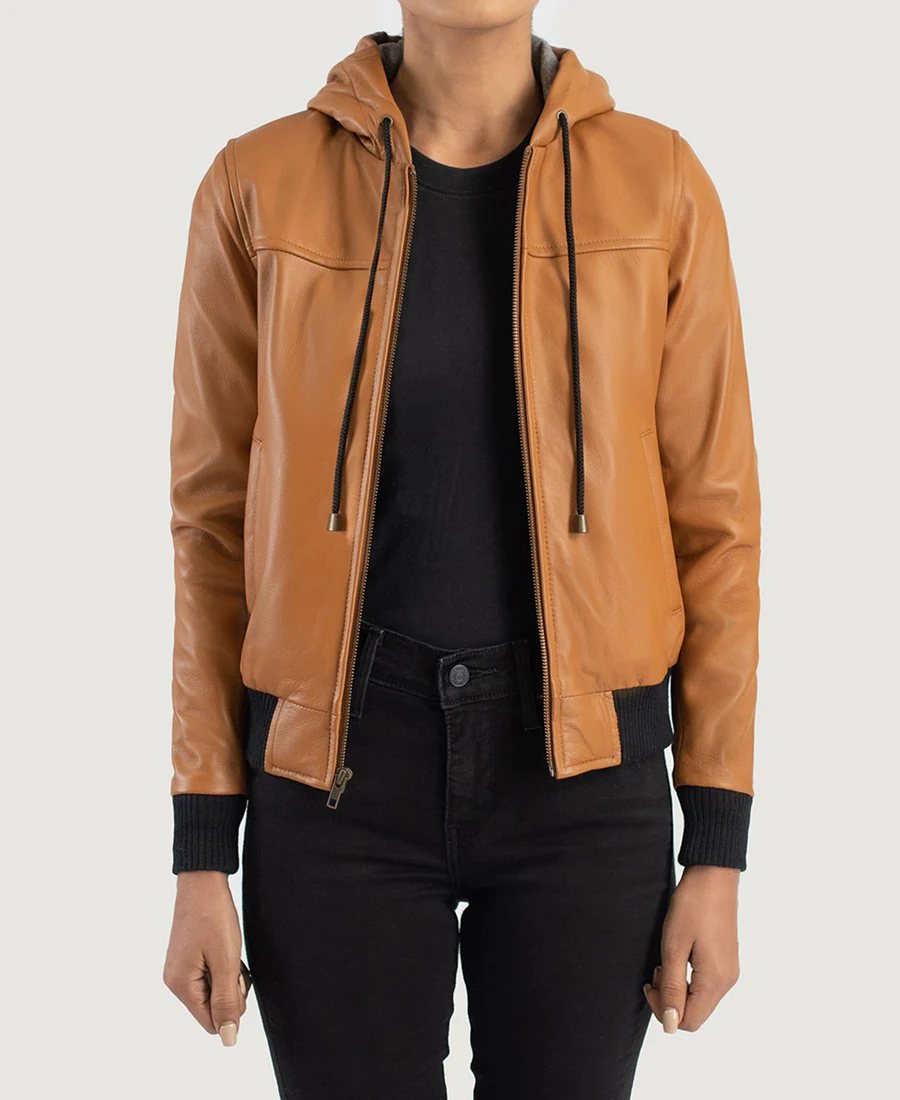 Rebella Brown Hooded Leather Bomber Jacket front