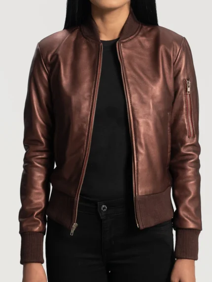 Reida Maroon Leather Bomber Jacket front