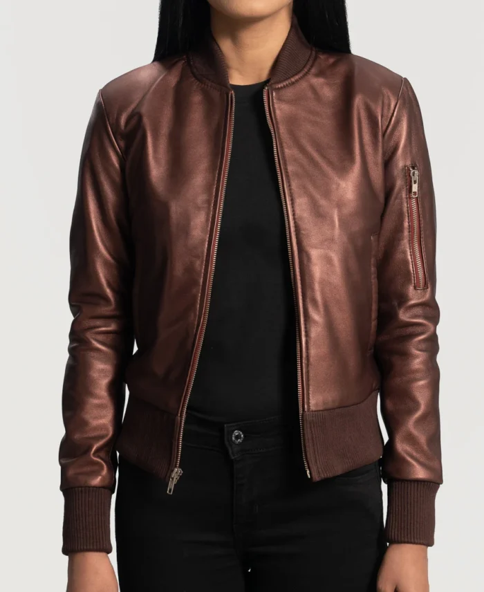 Reida Maroon Leather Bomber Jacket front