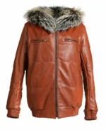 Reversible Fox Brown Leather Hooded Bomber Jacket front 1