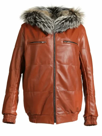 Reversible Fox Brown Leather Hooded Bomber Jacket front 1