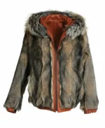 Reversible Fox Brown Leather Hooded Bomber Jacket front 2
