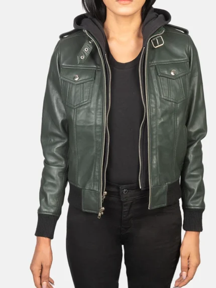 Roslyn Green Hooded Leather Bomber Jacket front