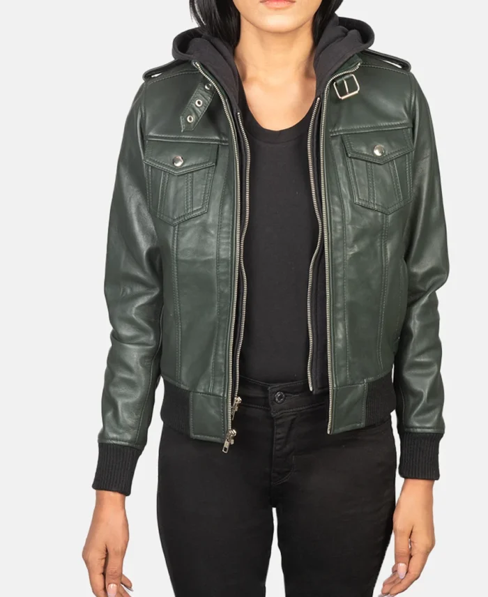 Roslyn Green Hooded Leather Bomber Jacket front