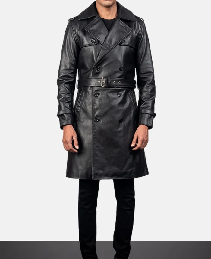 Royson Black Leather Duster Coat front