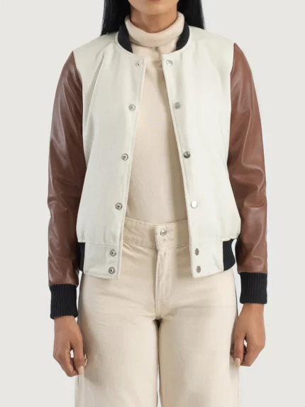 Savant White & Brown Hybrid Varsity Jacket front