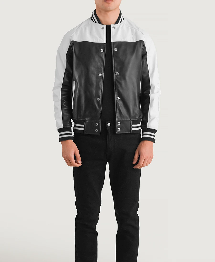 Terrance Black & White Leather Varsity Jacket front