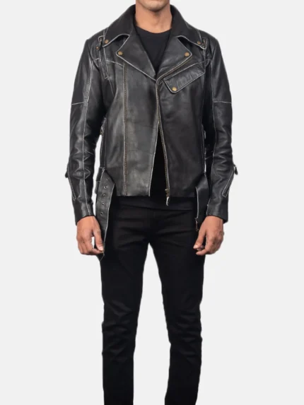Vincent Black Leather Biker Jacket front