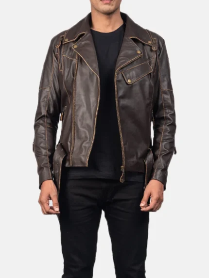 Vincent Brown Leather Biker Jacket front