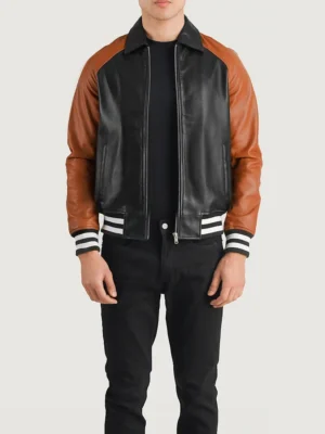 Walton Black & Brown Leather Varsity Jacket front