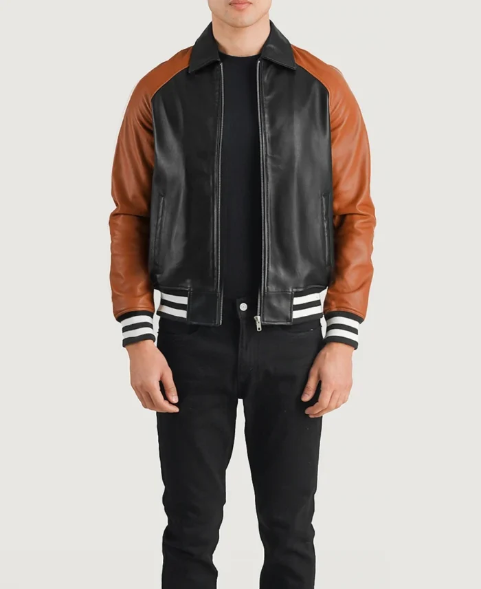 Walton Black & Brown Leather Varsity Jacket front