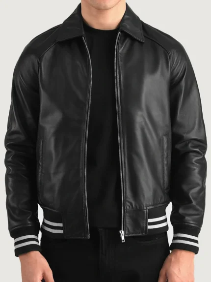 Walton Black Leather Varsity Jacket front