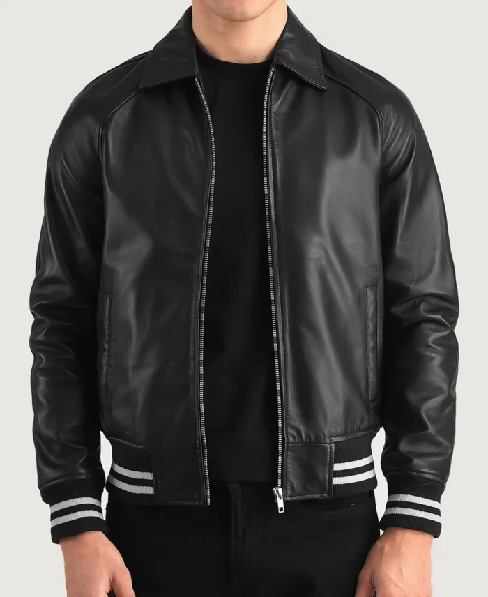 Walton Black Leather Varsity Jacket front
