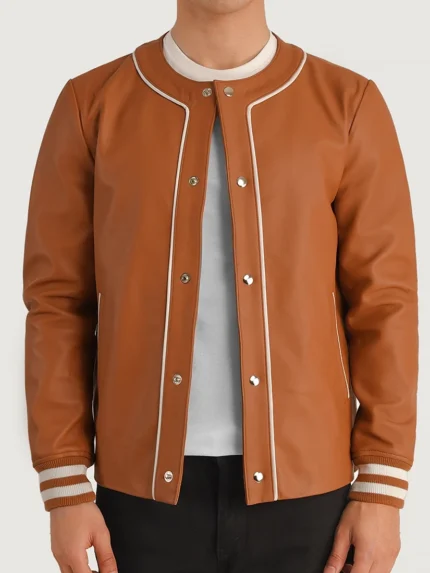 Willis Tan Brown Leather Varsity Jacket front