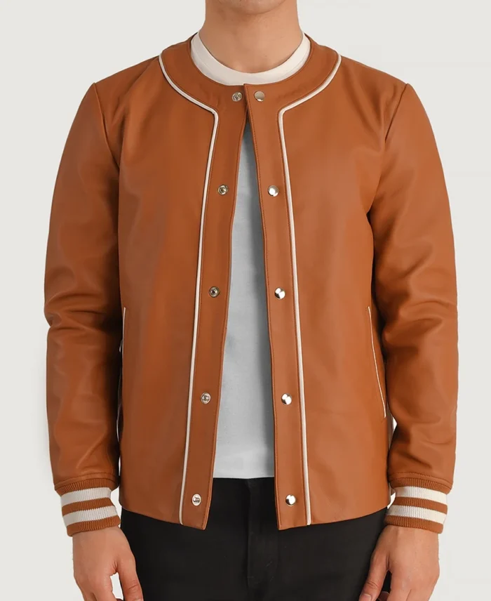 Willis Tan Brown Leather Varsity Jacket front