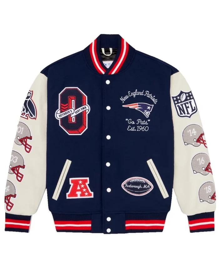 Men's New England Patriots OVO x NFL Navy Varsity Jacket front