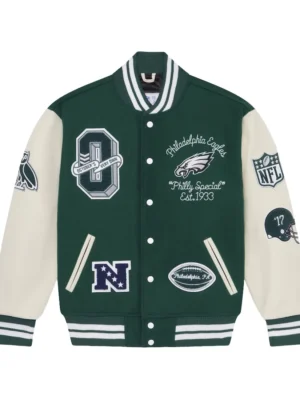 Men's Philadelphia Eagles NFL Midnight Green Varsity Jacket front