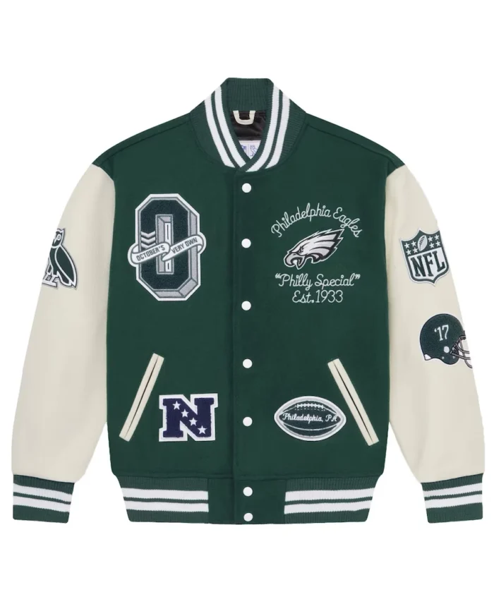 Men's Philadelphia Eagles NFL Midnight Green Varsity Jacket front