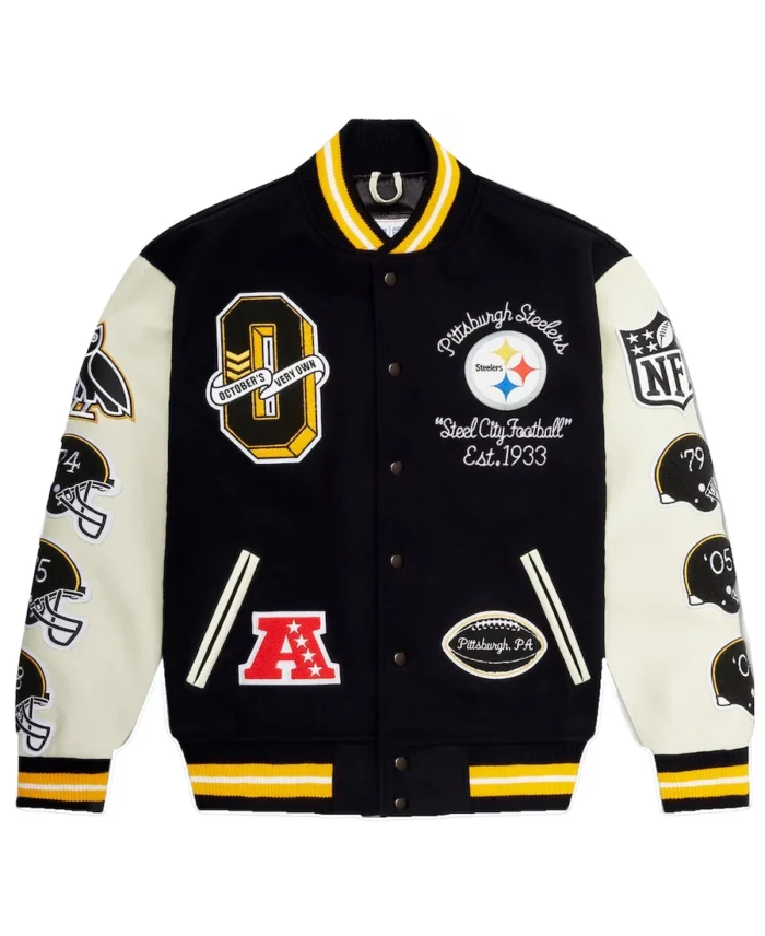 Men's Pittsburgh Steelers OVO x NFL Black Varsity Jacket front