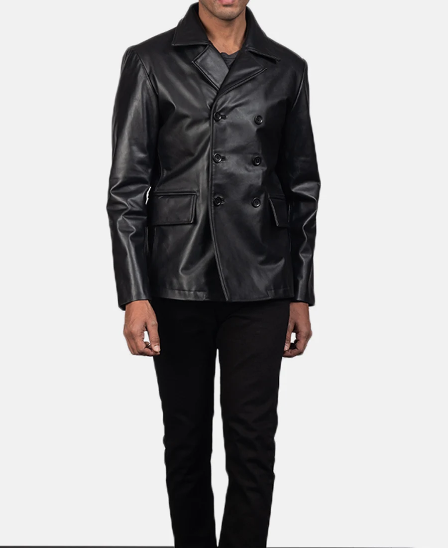 Mr. Bailey Black Leather Naval Peacoat front