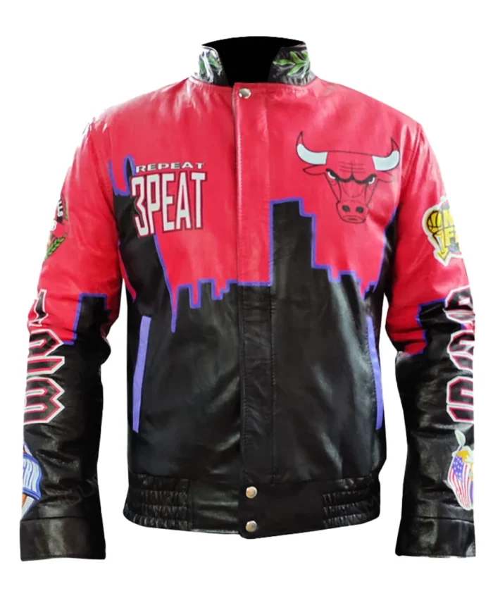 Three Peat Jeff Chicago Bulls Leather Jacket Front