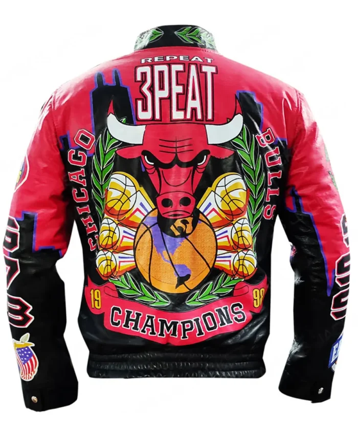 Three Peat Jeff Chicago Bulls Leather Jacket back