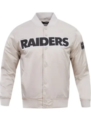 James A Las Vegas Raiders White Satin Varsity Jacket
