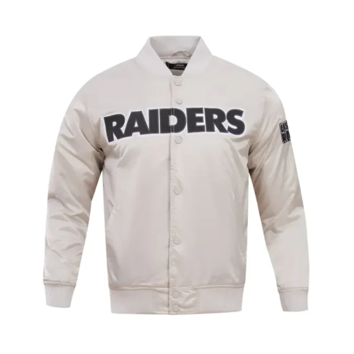 James A Las Vegas Raiders White Satin Varsity Jacket