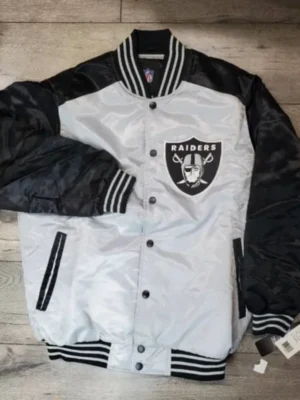 Jim C Las Vegas Raiders Black and White Satin Varsity Jacket