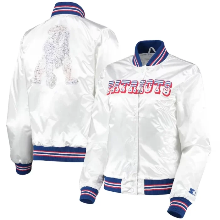 Rene B New England Patriots Satin White Bomber Jacket