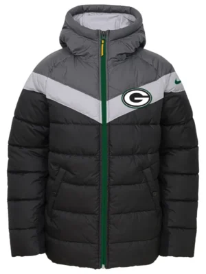 Mitchell Green Bay Packers Zip Black and Grey Puffer Jacket