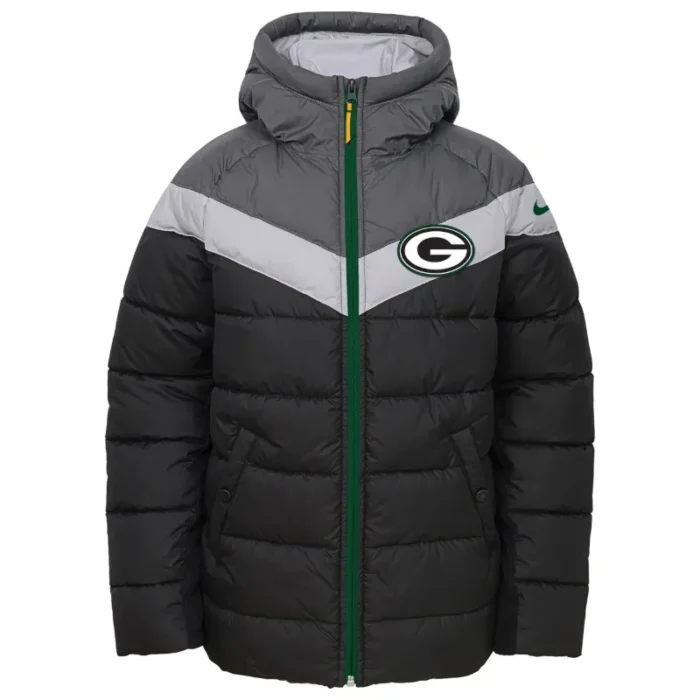 Mitchell Green Bay Packers Zip Black and Grey Puffer Jacket