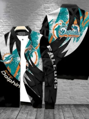 Sam P Miami Dolphins Black Zip Track Bomber Jacket