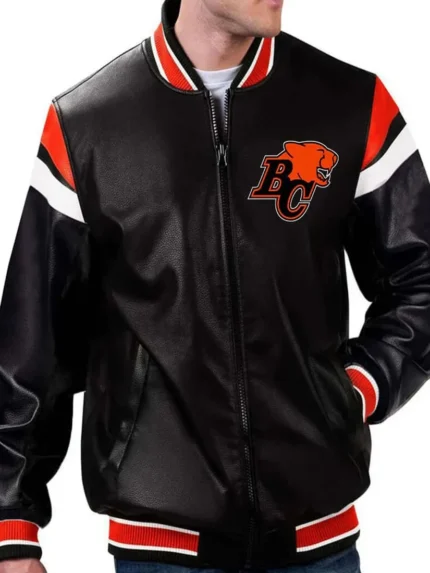 BC Lions Black Varsity Full-Zip Leather Jacket front