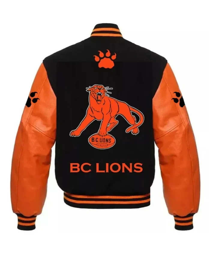 BC Lions Varsity Black and Orange Jacket back