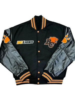 BC Lions White Head Black Varsity Jacket front