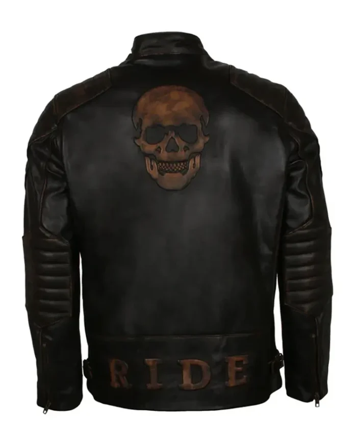 Black Skull Embossed Ride Biker Jacket back