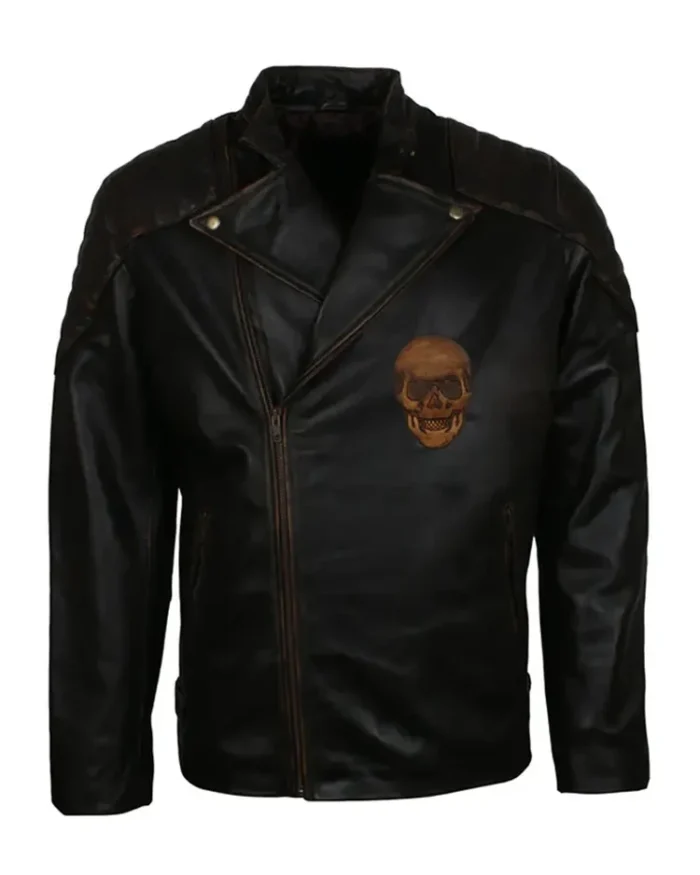 Black Skull Embossed Ride Biker Jacket front