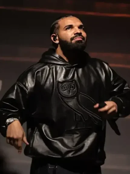 Drake OVO OG Black Leather Hoodie front