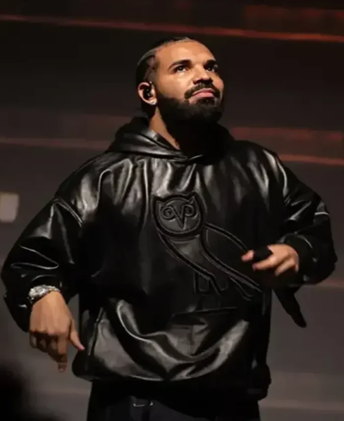 Drake OVO OG Black Leather Hoodie front