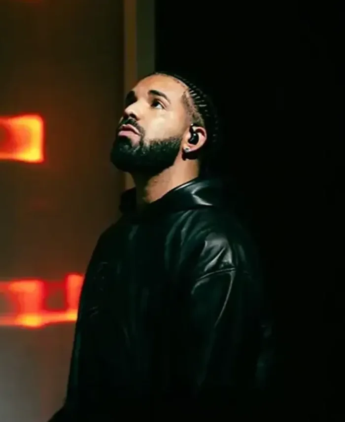 Drake OVO OG Black Leather Hoodie side pose