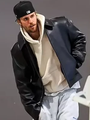 Justin Bieber Coachella 2024 Louis Vuitton Black Leather Jacket front