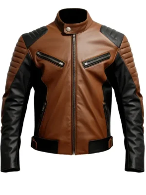 Mens Racer Sheepskin Coat Zipper Pockets Leather Jackets front